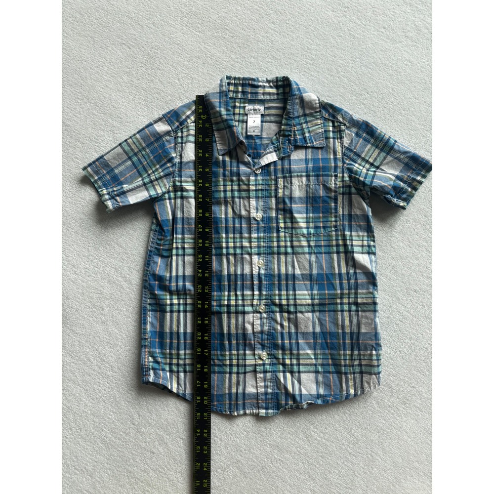 Carter's Plaid Button Down Shirt Kids Boys Size 7 Blue Green Short Sleeve Cotton - Picture 5 of 7